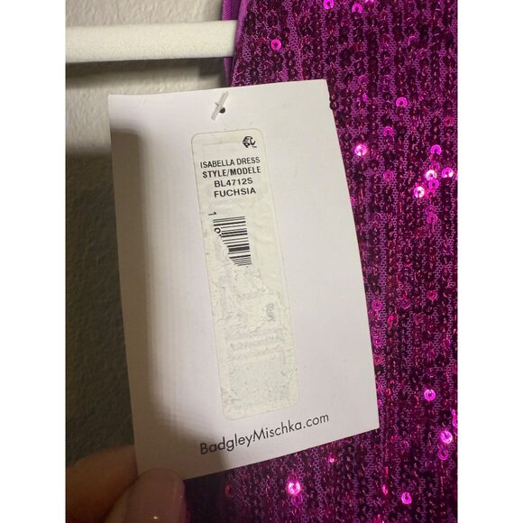 Belle Badgley Mischka Isabella Sequin Dress Size 8 Fuchsia Pink Mock Neck New - Picture 6 of 8